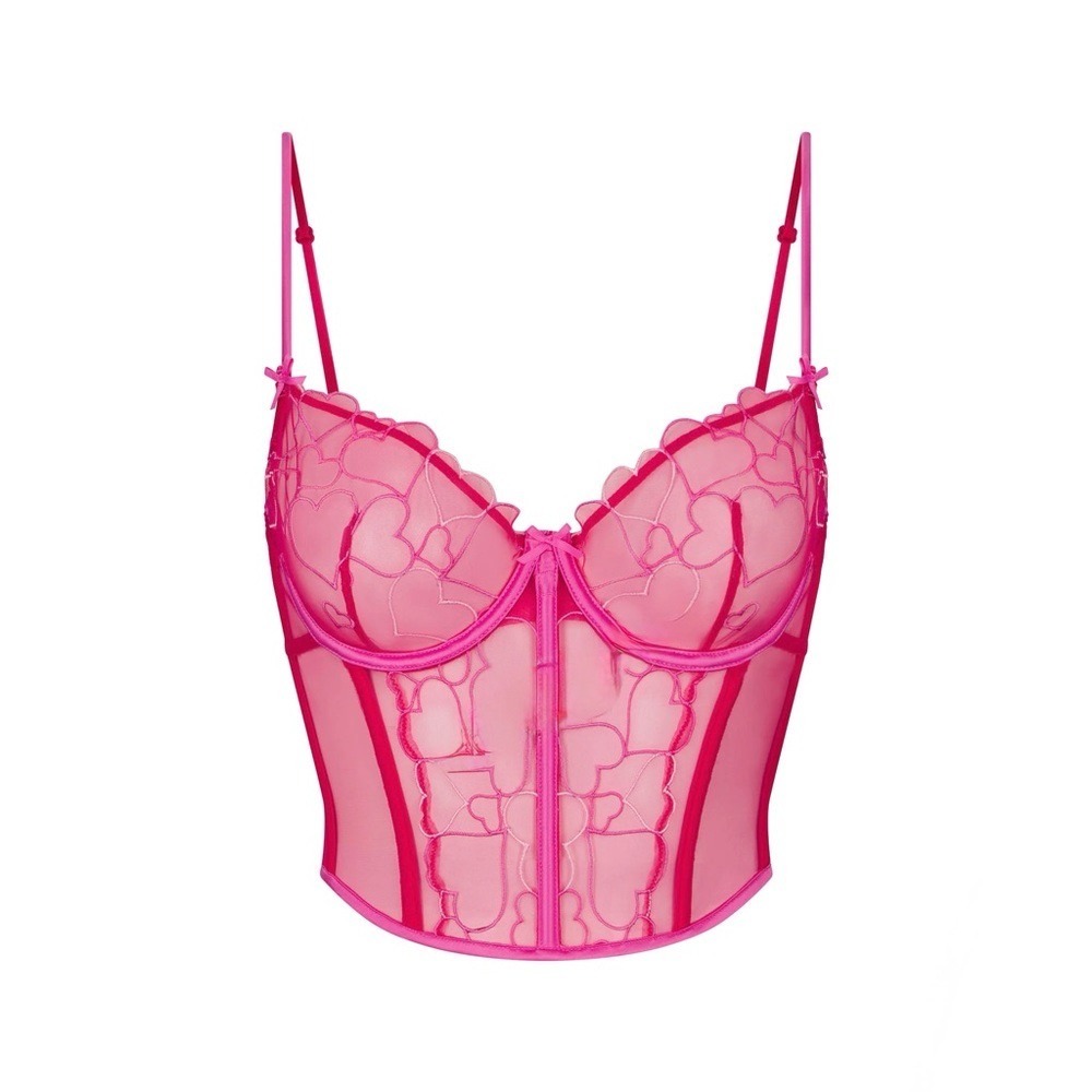 SKIMS Embroidered Tulle Unlined Demi Corset Punch Pink Heart Bustier NWT